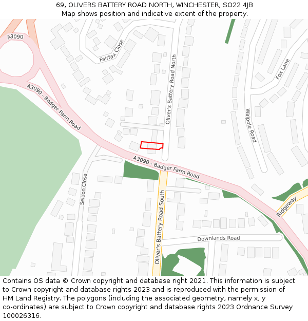 69, OLIVERS BATTERY ROAD NORTH, WINCHESTER, SO22 4JB: Location map and indicative extent of plot