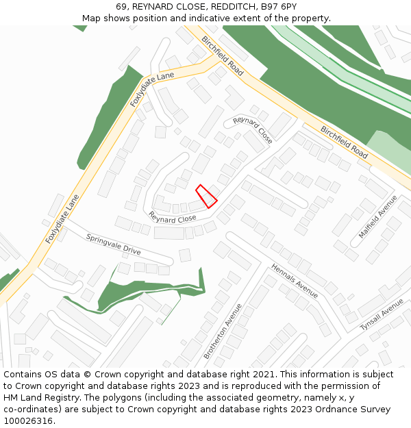 69, REYNARD CLOSE, REDDITCH, B97 6PY: Location map and indicative extent of plot