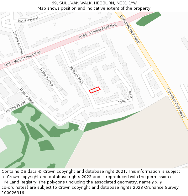 69, SULLIVAN WALK, HEBBURN, NE31 1YW: Location map and indicative extent of plot