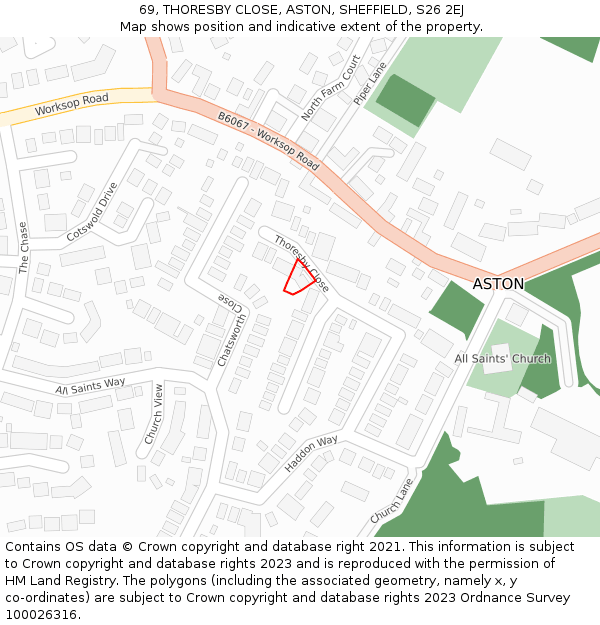 69, THORESBY CLOSE, ASTON, SHEFFIELD, S26 2EJ: Location map and indicative extent of plot