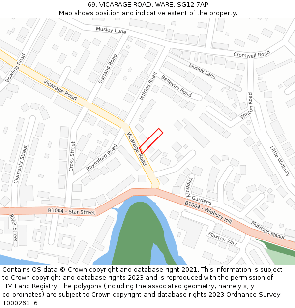 69, VICARAGE ROAD, WARE, SG12 7AP: Location map and indicative extent of plot