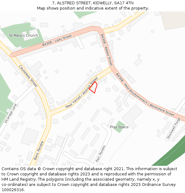 7, ALSTRED STREET, KIDWELLY, SA17 4TN: Location map and indicative extent of plot