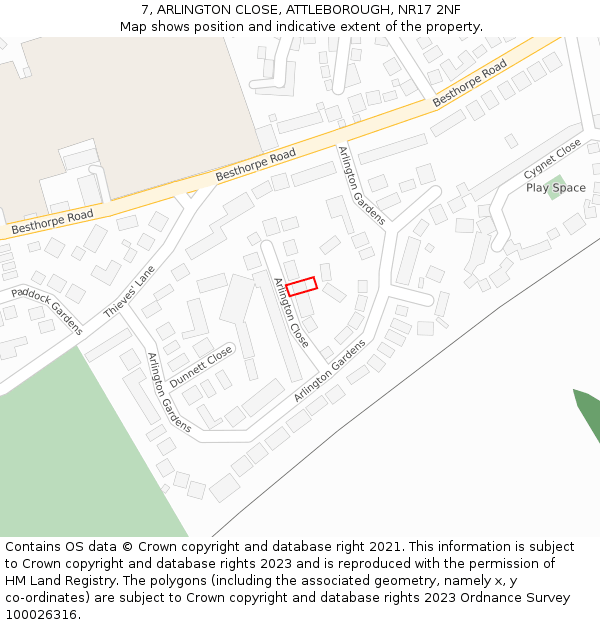 7, ARLINGTON CLOSE, ATTLEBOROUGH, NR17 2NF: Location map and indicative extent of plot