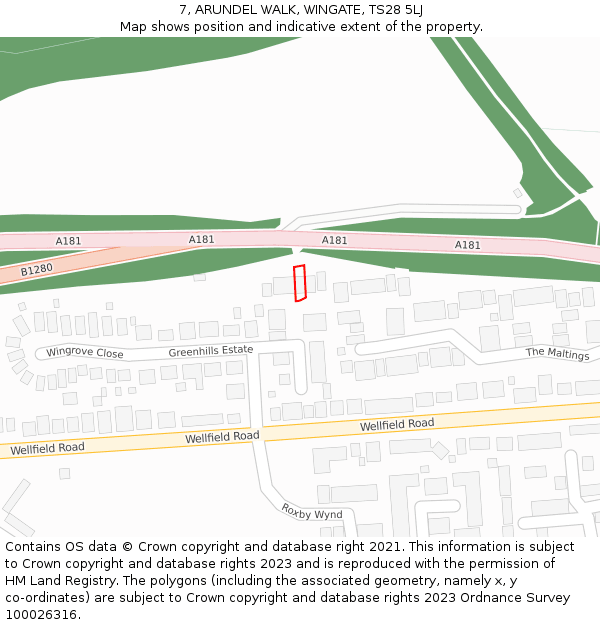 7, ARUNDEL WALK, WINGATE, TS28 5LJ: Location map and indicative extent of plot