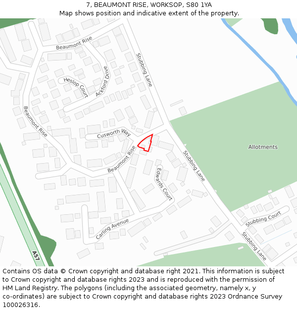 7, BEAUMONT RISE, WORKSOP, S80 1YA: Location map and indicative extent of plot