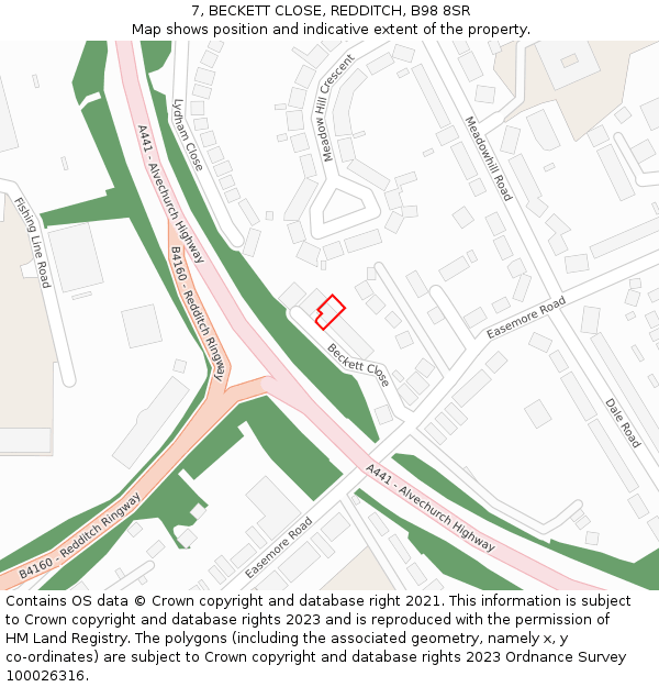 7, BECKETT CLOSE, REDDITCH, B98 8SR: Location map and indicative extent of plot