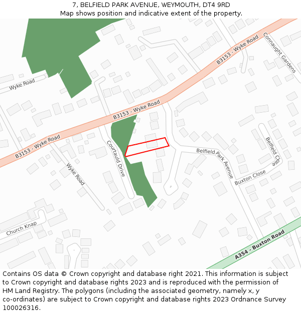 7, BELFIELD PARK AVENUE, WEYMOUTH, DT4 9RD: Location map and indicative extent of plot