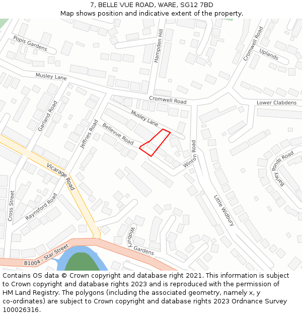 7, BELLE VUE ROAD, WARE, SG12 7BD: Location map and indicative extent of plot