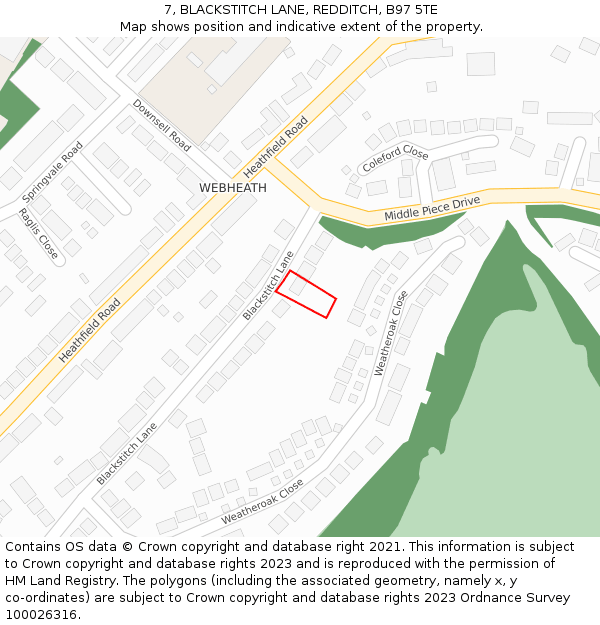 7, BLACKSTITCH LANE, REDDITCH, B97 5TE: Location map and indicative extent of plot