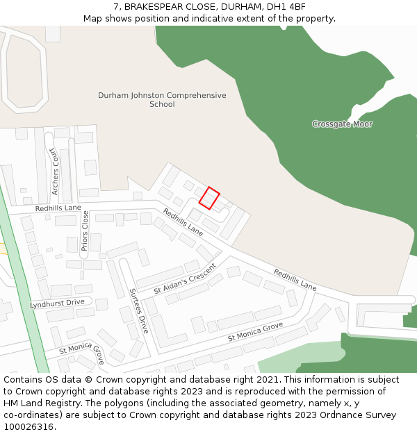 7, BRAKESPEAR CLOSE, DURHAM, DH1 4BF: Location map and indicative extent of plot