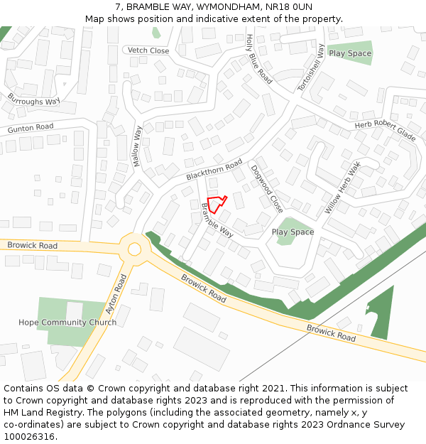 7, BRAMBLE WAY, WYMONDHAM, NR18 0UN: Location map and indicative extent of plot