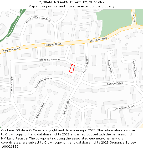 7, BRAMLING AVENUE, YATELEY, GU46 6NX: Location map and indicative extent of plot