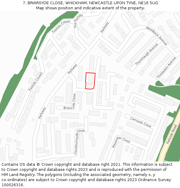 7, BRIARSYDE CLOSE, WHICKHAM, NEWCASTLE UPON TYNE, NE16 5UG: Location map and indicative extent of plot