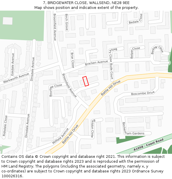 7, BRIDGEWATER CLOSE, WALLSEND, NE28 9EE: Location map and indicative extent of plot