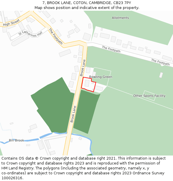 7, BROOK LANE, COTON, CAMBRIDGE, CB23 7PY: Location map and indicative extent of plot