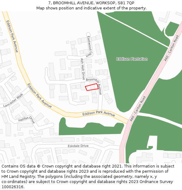 7, BROOMHILL AVENUE, WORKSOP, S81 7QP: Location map and indicative extent of plot