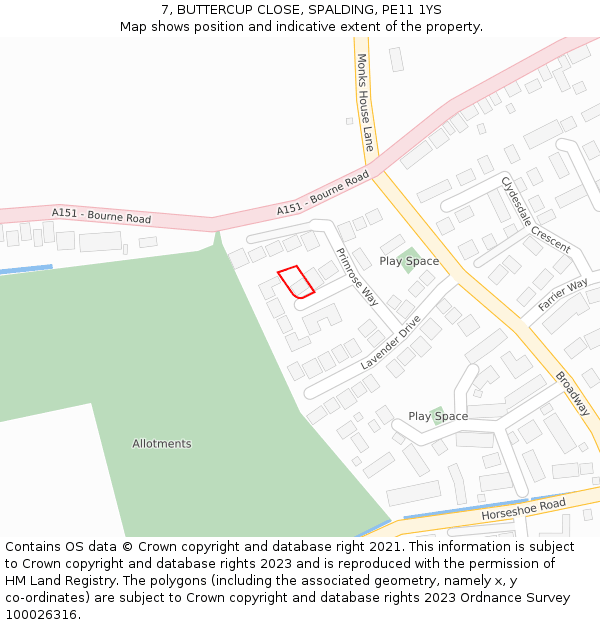 7, BUTTERCUP CLOSE, SPALDING, PE11 1YS: Location map and indicative extent of plot