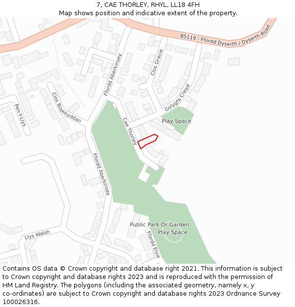 7, CAE THORLEY, RHYL, LL18 4FH: Location map and indicative extent of plot