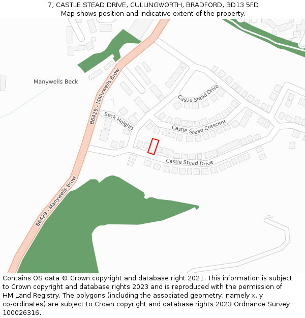 7, CASTLE STEAD DRIVE, CULLINGWORTH, BRADFORD, BD13 5FD: Location map and indicative extent of plot