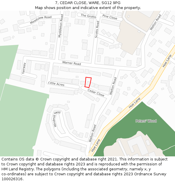 7, CEDAR CLOSE, WARE, SG12 9PG: Location map and indicative extent of plot