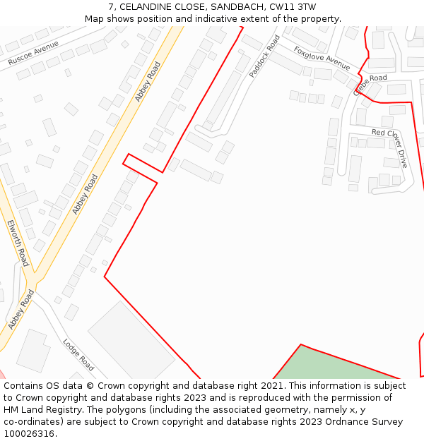 7, CELANDINE CLOSE, SANDBACH, CW11 3TW: Location map and indicative extent of plot