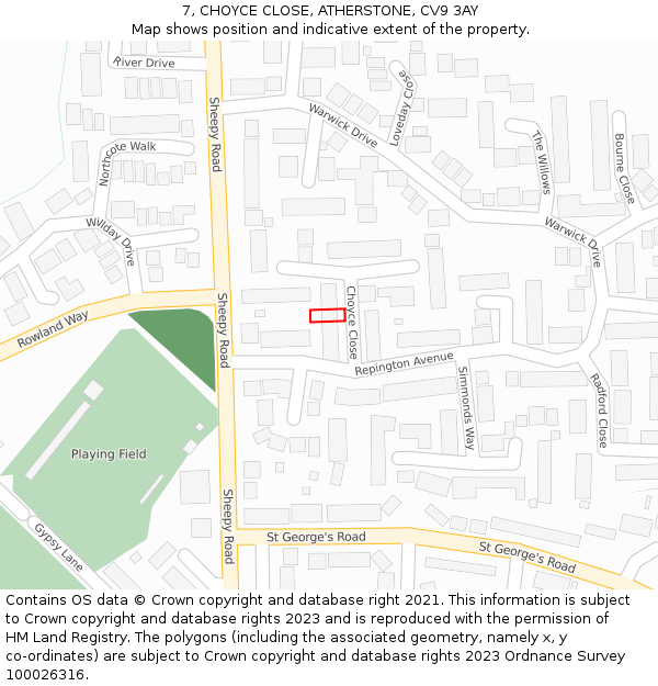 7, CHOYCE CLOSE, ATHERSTONE, CV9 3AY: Location map and indicative extent of plot