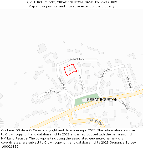 7, CHURCH CLOSE, GREAT BOURTON, BANBURY, OX17 1RW: Location map and indicative extent of plot