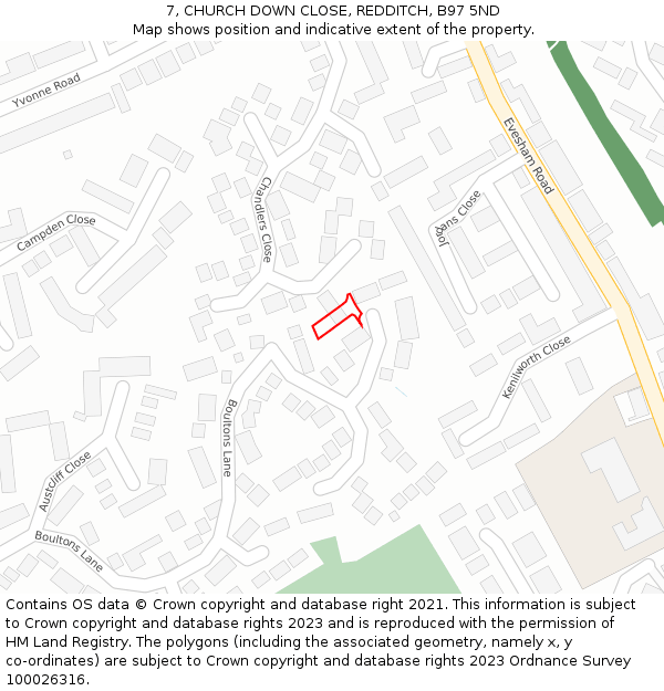 7, CHURCH DOWN CLOSE, REDDITCH, B97 5ND: Location map and indicative extent of plot