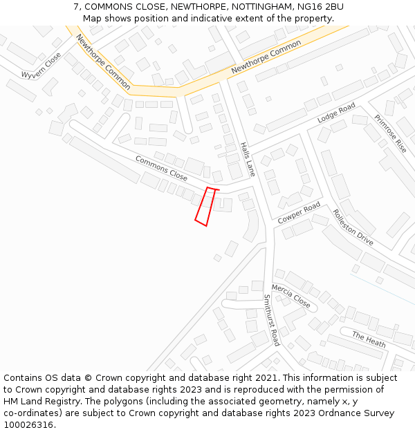 7, COMMONS CLOSE, NEWTHORPE, NOTTINGHAM, NG16 2BU: Location map and indicative extent of plot