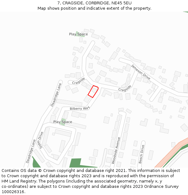 7, CRAGSIDE, CORBRIDGE, NE45 5EU: Location map and indicative extent of plot