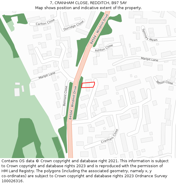 7, CRANHAM CLOSE, REDDITCH, B97 5AY: Location map and indicative extent of plot