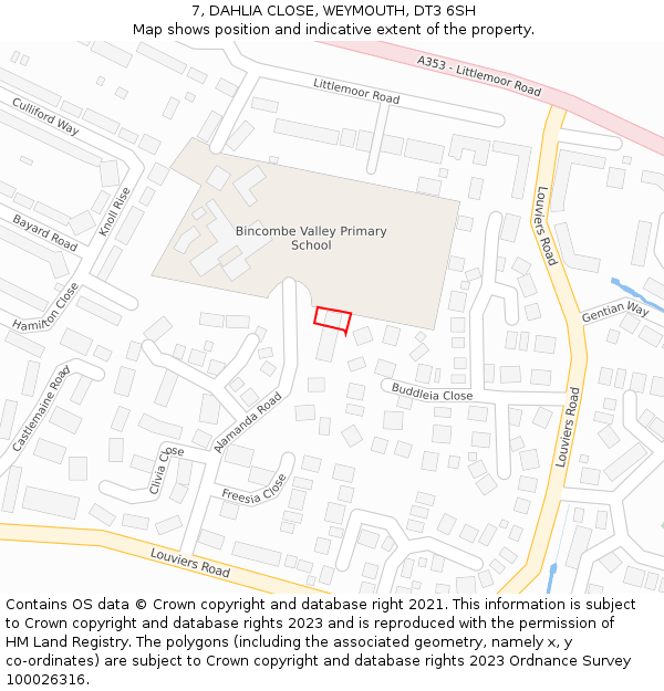 7, DAHLIA CLOSE, WEYMOUTH, DT3 6SH: Location map and indicative extent of plot