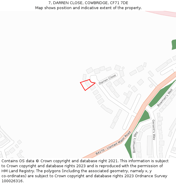7, DARREN CLOSE, COWBRIDGE, CF71 7DE: Location map and indicative extent of plot