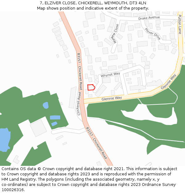 7, ELZIVER CLOSE, CHICKERELL, WEYMOUTH, DT3 4LN: Location map and indicative extent of plot