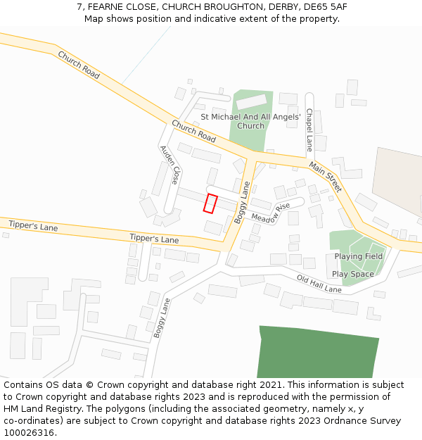 7, FEARNE CLOSE, CHURCH BROUGHTON, DERBY, DE65 5AF: Location map and indicative extent of plot