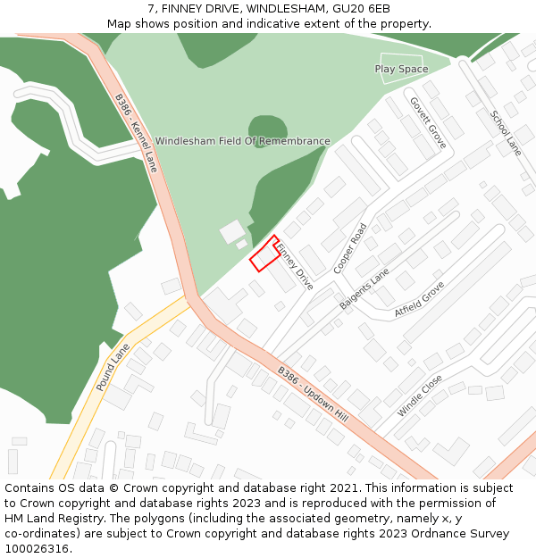 7, FINNEY DRIVE, WINDLESHAM, GU20 6EB: Location map and indicative extent of plot