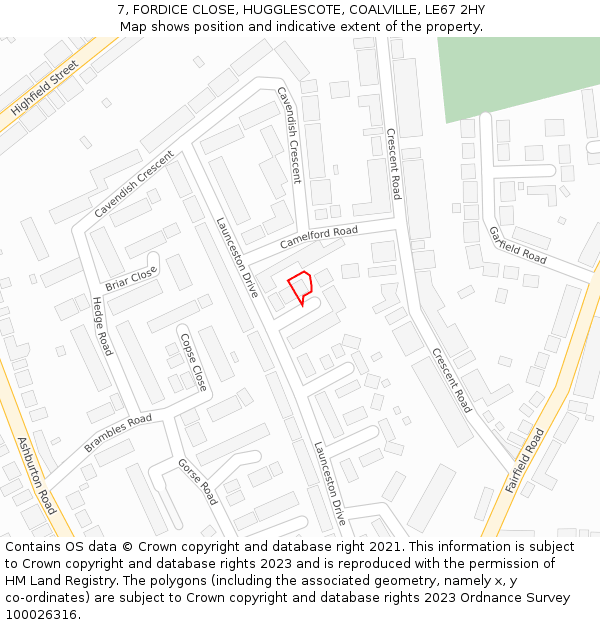 7, FORDICE CLOSE, HUGGLESCOTE, COALVILLE, LE67 2HY: Location map and indicative extent of plot