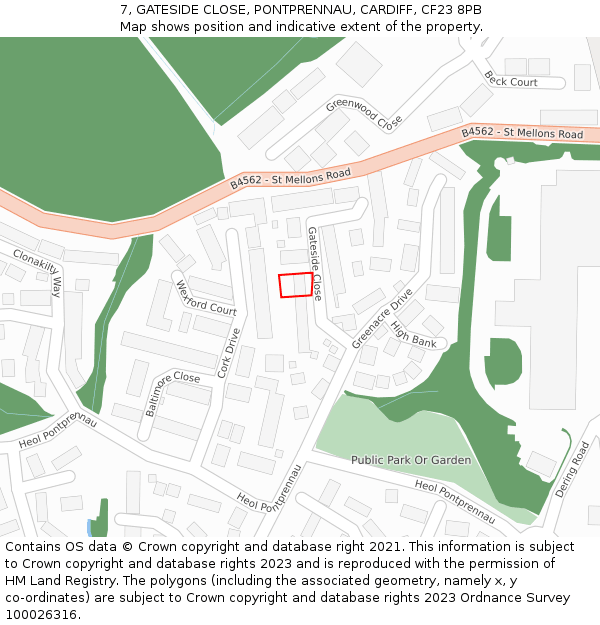 7, GATESIDE CLOSE, PONTPRENNAU, CARDIFF, CF23 8PB: Location map and indicative extent of plot