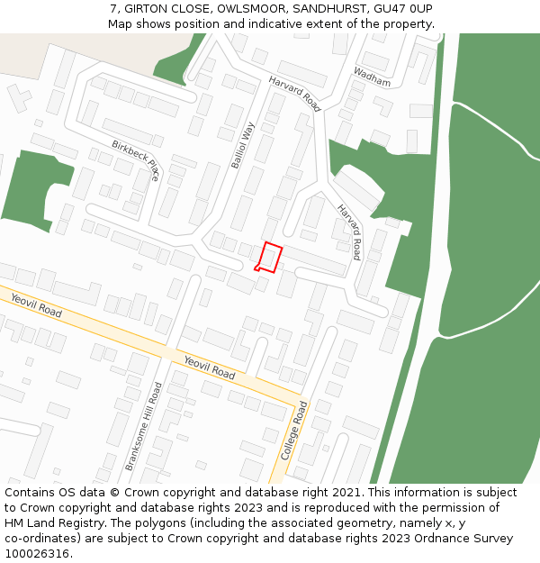 7, GIRTON CLOSE, OWLSMOOR, SANDHURST, GU47 0UP: Location map and indicative extent of plot