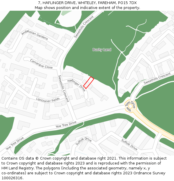 7, HAFLINGER DRIVE, WHITELEY, FAREHAM, PO15 7DX: Location map and indicative extent of plot