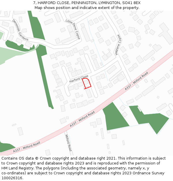 7, HARFORD CLOSE, PENNINGTON, LYMINGTON, SO41 8EX: Location map and indicative extent of plot