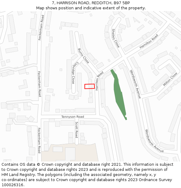 7, HARRISON ROAD, REDDITCH, B97 5BP: Location map and indicative extent of plot