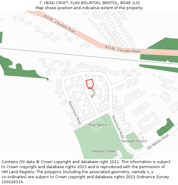 7, HEAD CROFT, FLAX BOURTON, BRISTOL, BS48 1US: Location map and indicative extent of plot