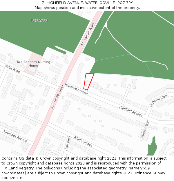 7, HIGHFIELD AVENUE, WATERLOOVILLE, PO7 7PY: Location map and indicative extent of plot