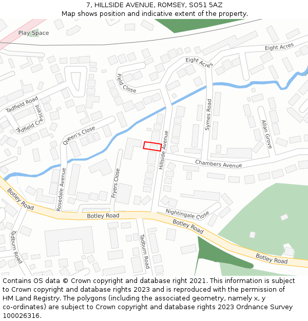 7, HILLSIDE AVENUE, ROMSEY, SO51 5AZ: Location map and indicative extent of plot