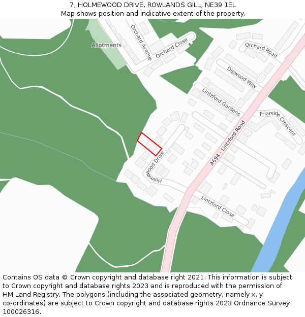 7, HOLMEWOOD DRIVE, ROWLANDS GILL, NE39 1EL: Location map and indicative extent of plot