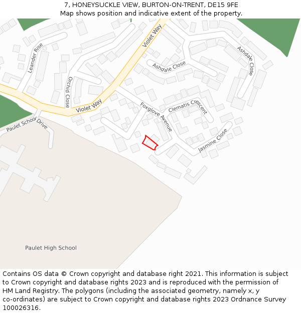7, HONEYSUCKLE VIEW, BURTON-ON-TRENT, DE15 9FE: Location map and indicative extent of plot