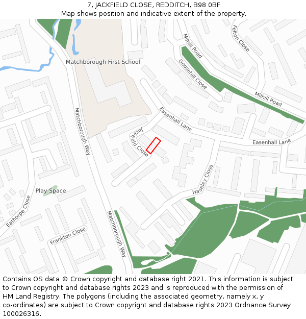 7, JACKFIELD CLOSE, REDDITCH, B98 0BF: Location map and indicative extent of plot