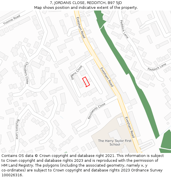 7, JORDANS CLOSE, REDDITCH, B97 5JD: Location map and indicative extent of plot