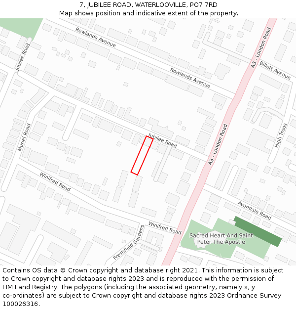 7, JUBILEE ROAD, WATERLOOVILLE, PO7 7RD: Location map and indicative extent of plot